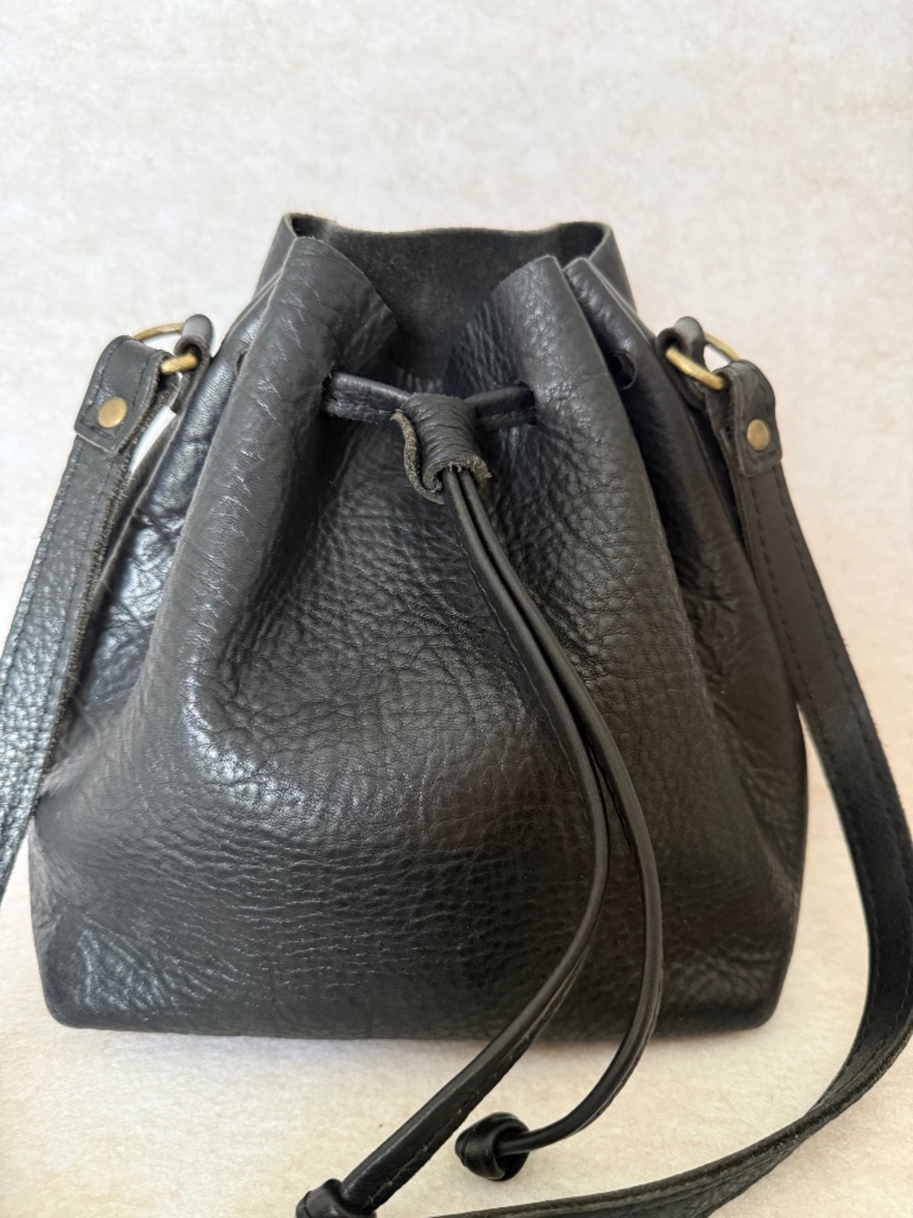 EUC Portland Leather Goods PLG Small Drawstring Bucket Bag V1 in Pebbled Black